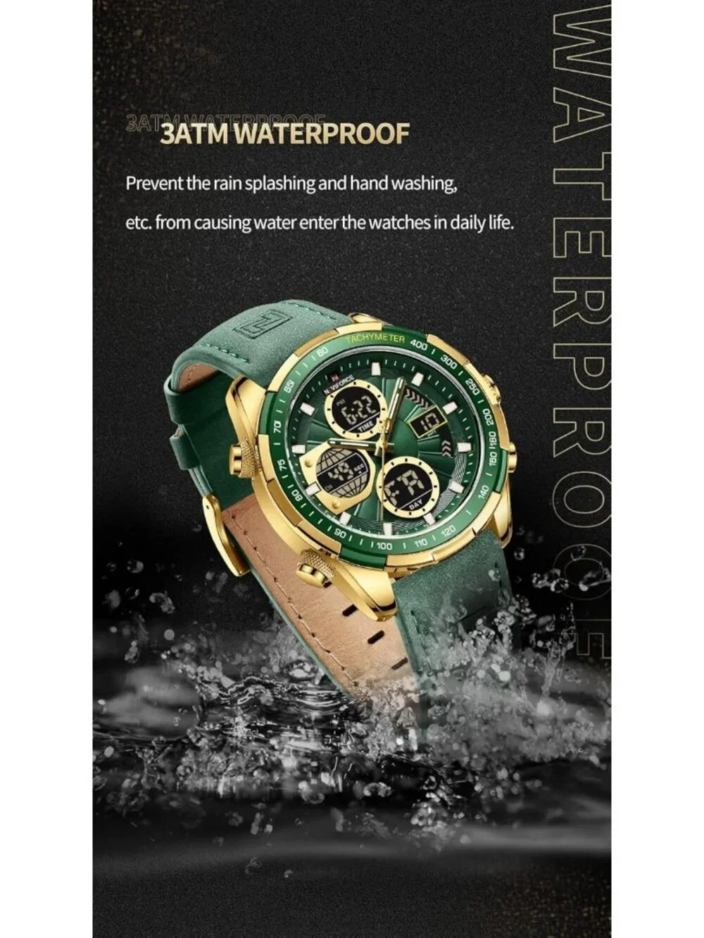 Men's Green And Gold Analog Quartz Waterproof Chronograph Stylish Casual Watch